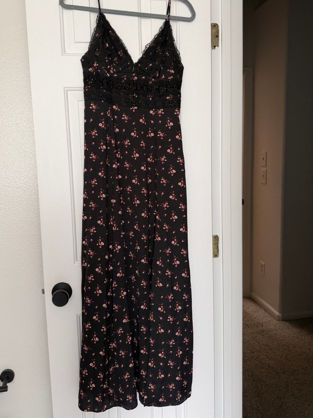 Free People Black Maxi Dress with Pink Floral Print Size Small